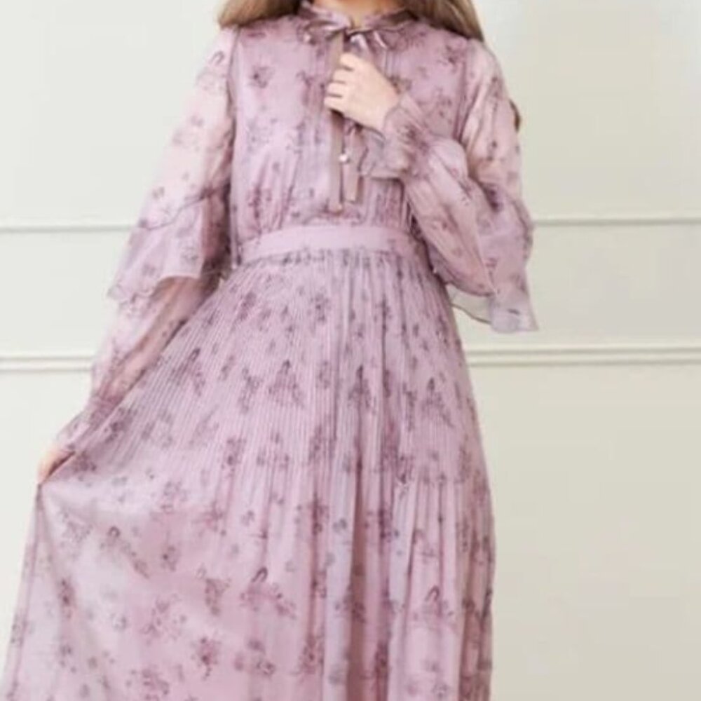 Axes Femme Kawaii Pink Floral Cat Chiffon Ruffle Pleated Maxi Dress